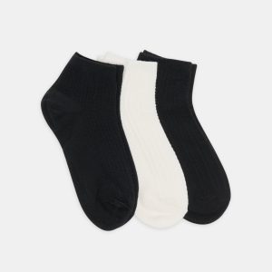 3 PACK CABLE ANKLET SOCKS BLACK WHITE